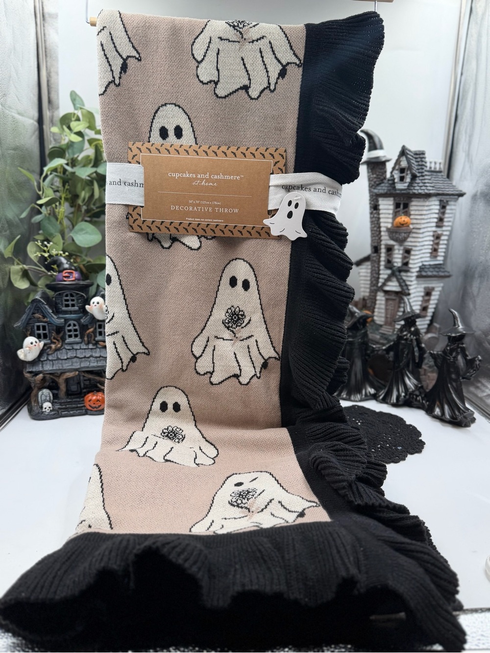 Cupcakes & Cashmere Ghost Knit Ruffle Throw Blanket 50x70 Halloween NWT Viral